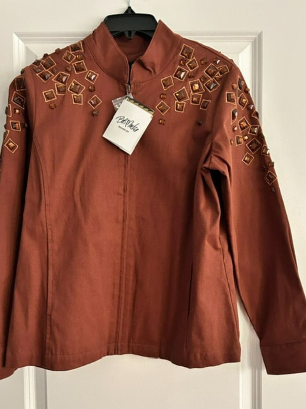 Bob Mackie Wearable Art Rhinestone Brown Full Zip Jacket Women’s Size Small